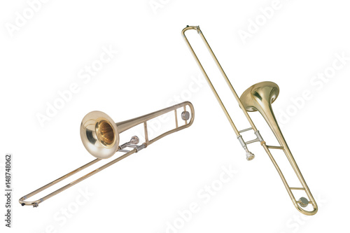 Brass trombone isolated on white background with clipping mask.  