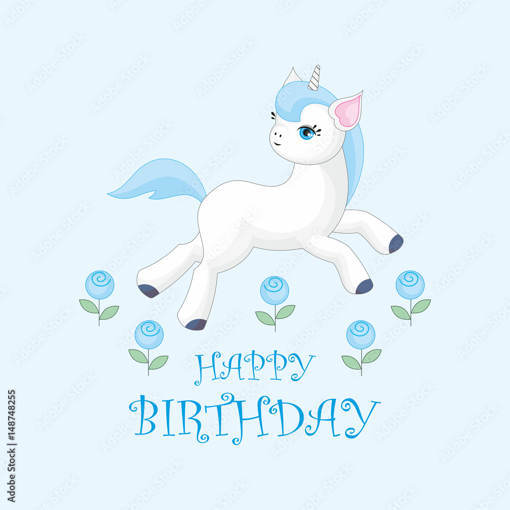 Fototapeta premium Happy birthday greeting card with the image of cute unicorn. Colorful vector illustration
