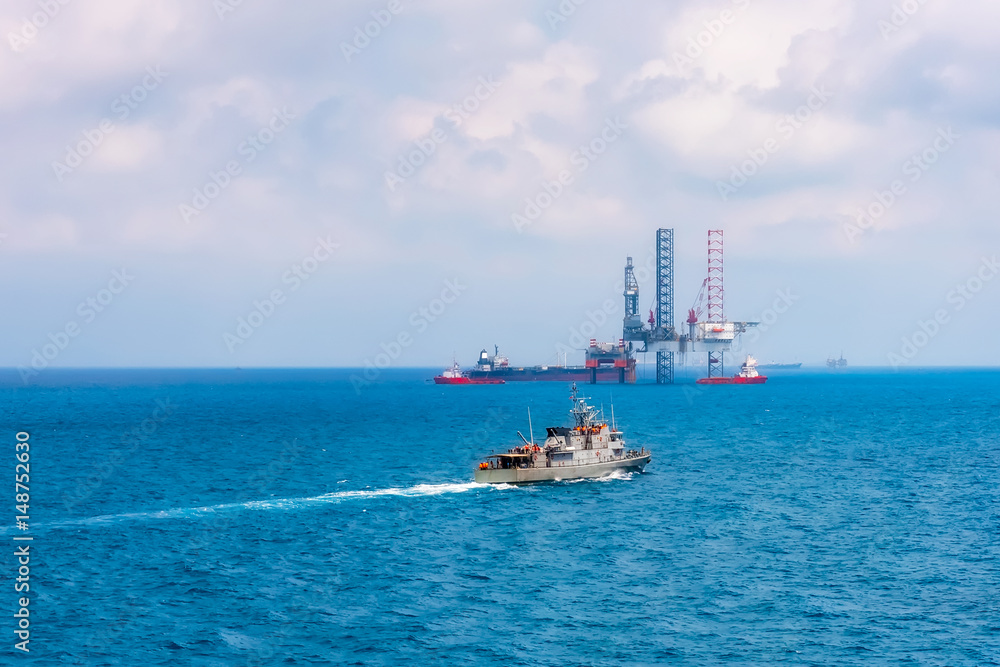 Offshore oil rig drilling platform in the gulf of Thailand.