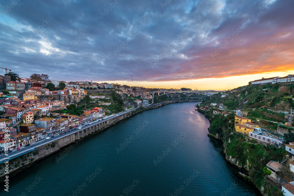 Aerial view on Douro River and cities od Porto (left) and Vila Nova de Gaia