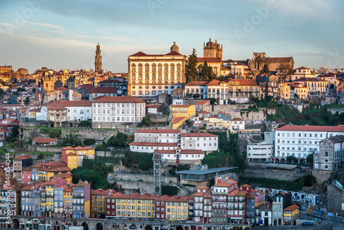 Porto city riverfront with Bishop's Palace. View from Vila Nova de Gaia, Portugal