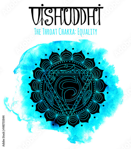 Hand drawn black silhouette of the thoat chakra on watercolor background with lettering photo