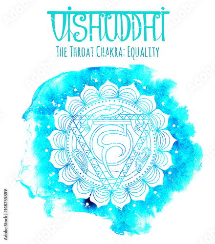 Hand drawn white throat chakra on watercolor background with lettering