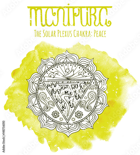 Hand drawn white solar chakra on watercolor background with lettering photo