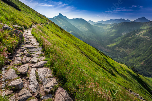 Footpath in the Tatras Mountains at sunrise, Poland, Europe