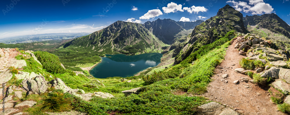 Fototapeta premium Panorama of Czarny Staw Gasienicowy in Tatra Mountains, Poland, Europe