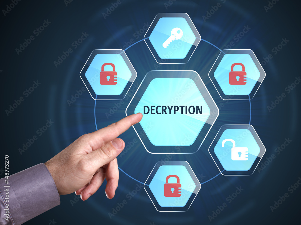 Business, Technology, Internet and network concept. Young businessman shows the word: Decryption Business, Technology, Internet and network concept. Young businessman shows the word: Decryption