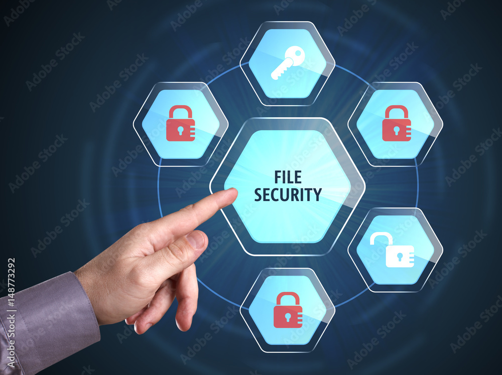 Business, Technology, Internet and network concept. Young businessman shows the word: File security Business, Technology, Internet and network concept. Young businessman shows the word: File security