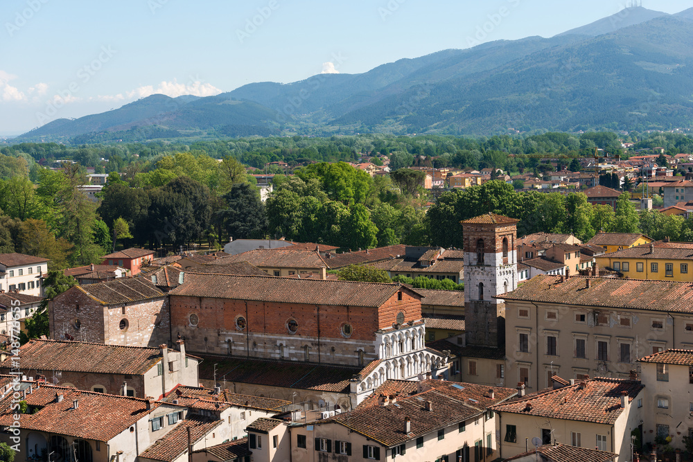 Aerial view of Lucca with the church of Santa Maria Forisportam. Tuscany, Italy, Europe