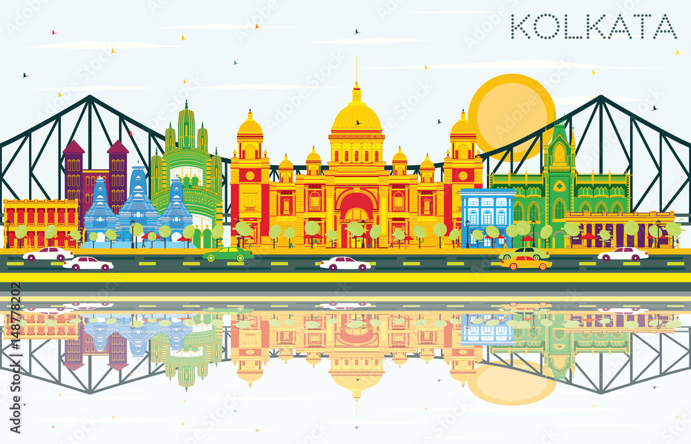 Kolkata Skyline with Color Landmarks, Blue Sky and Reflections.