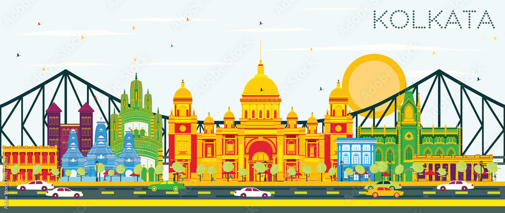 Kolkata Skyline with Color Landmarks and Blue Sky.