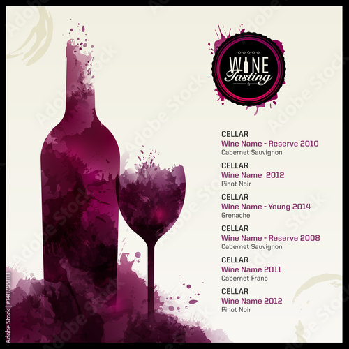 Template list or wine tasting. Illustration of wine glass and bottle. Background with wine stains.Idea for your design.