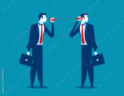 Businessman communicating through tin cans. Concept business communication. Vector flat.