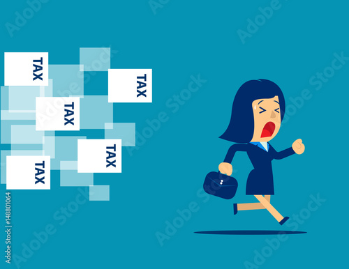 Businesswoman running away from tax. Concept business illustration. Vector flat. photo