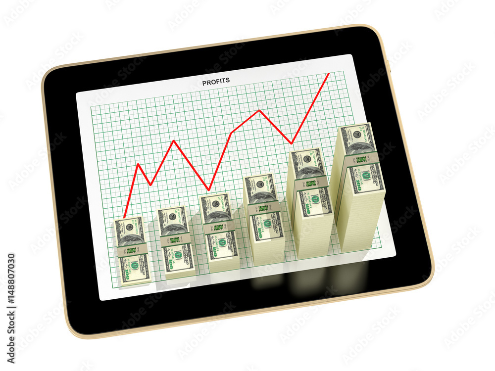 tablet - dollar bar graphs showing profit grow - 3d rendering tablet - dollar bar graphs showing profit grow - 3d rendering