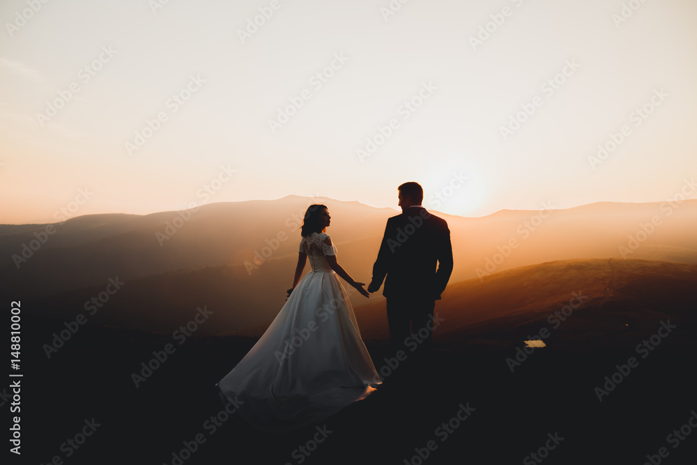 Wedding couple posing on sunset at wedding day. Bride and groom in love - obrazy, fototapety, plakaty 