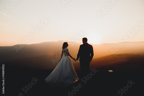 Wedding couple posing on sunset at wedding day. Bride and groom in love