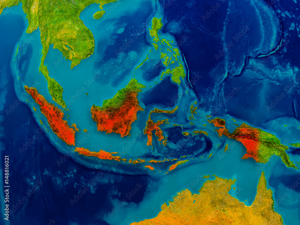 Indonesia on physical map Indonesia on physical map