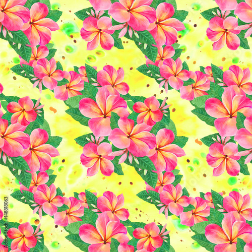 Flowers, leaves and buds of plumeria.Watercolor background. Abstract wallpaper with floral motifs. Seamless pattern. Wallpaper. Use printed materials, signs, posters, postcards, packaging.