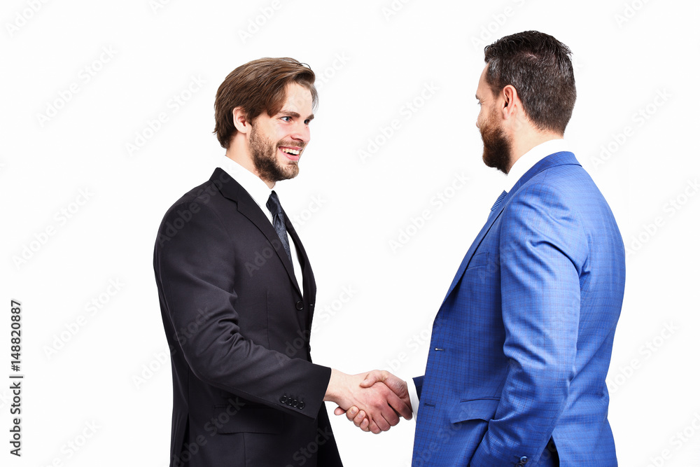 happy men in jacket hold hands each other in handshake
