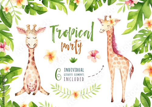 Hand drawn watercolor tropical plants set and giraffe. Exotic palm leaves, jungle tree, brazil tropic botany elements and monkeys. Perfect for fabric design. Aloha collection. © kris_art