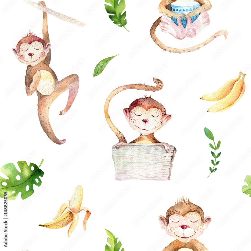 Fototapeta premium Baby animals nursery isolated seamless pattern. Watercolor boho tropical drawing, child tropical drawing cute monkey and palm tree, tropic green texture,exotic flower. Aloha backgraund