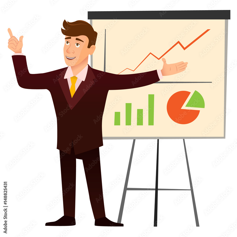 Businessman analyzes charts. Successful business plan graphics, strategy, vector illustration, cartoon character Businessman analyzes charts. Successful business plan graphics, strategy, vector illustration, cartoon character