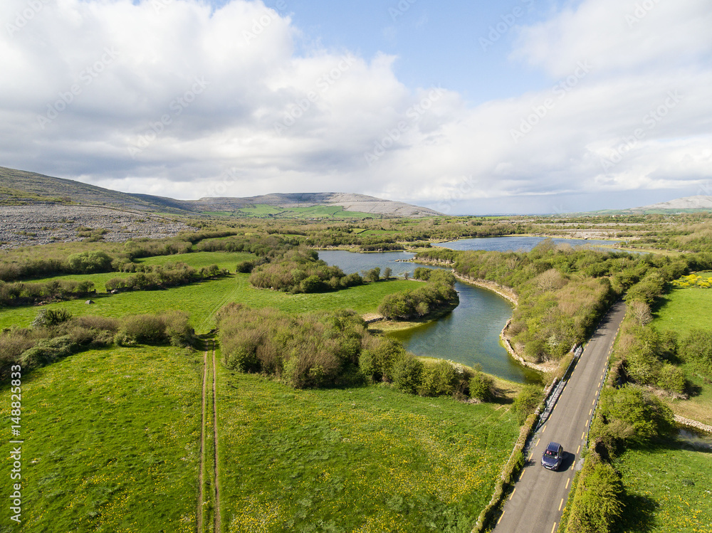 Epic Aerial view of the beautiful Irish countryside nature landscape from the Burren national park in County Clare Ireland