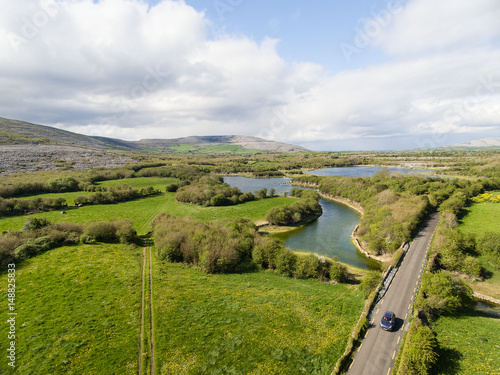 Epic Aerial view of the beautiful Irish countryside nature landscape from the Burren national park in County Clare Ireland © UTBP