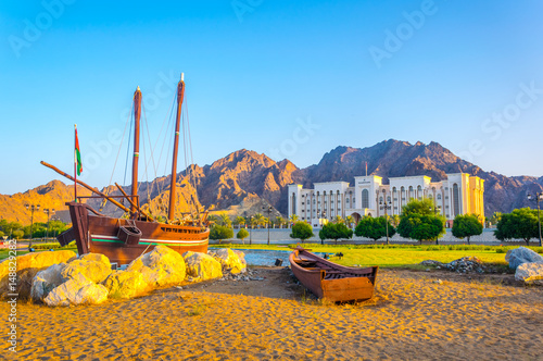 Famous Sohar boat from Omani seafarer Ahmed bin Majid at the Al Bustan Roundabout in Muscat Oman photo
