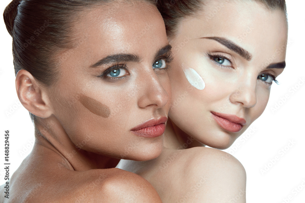 Beauty Faces. Beautiful Women With Makeup And Cream On Skin Beauty Faces. Beautiful Women With Makeup And Cream On Skin
