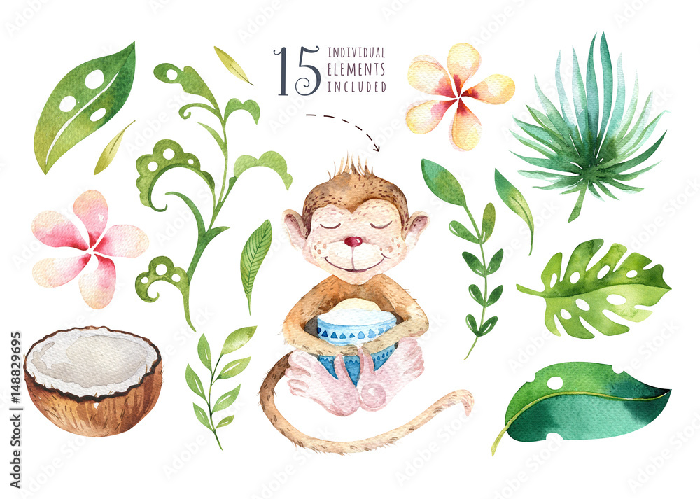 Naklejka premium Hand drawn watercolor tropical plants set and monkey. Exotic palm leaves, jungle tree, brazil tropic botany elements and monkeys. Perfect for fabric design. Aloha set