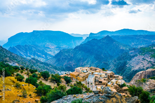 View of small rural villages situated on the saiq plateau at the jebel akhdar mountain in Oman. photo