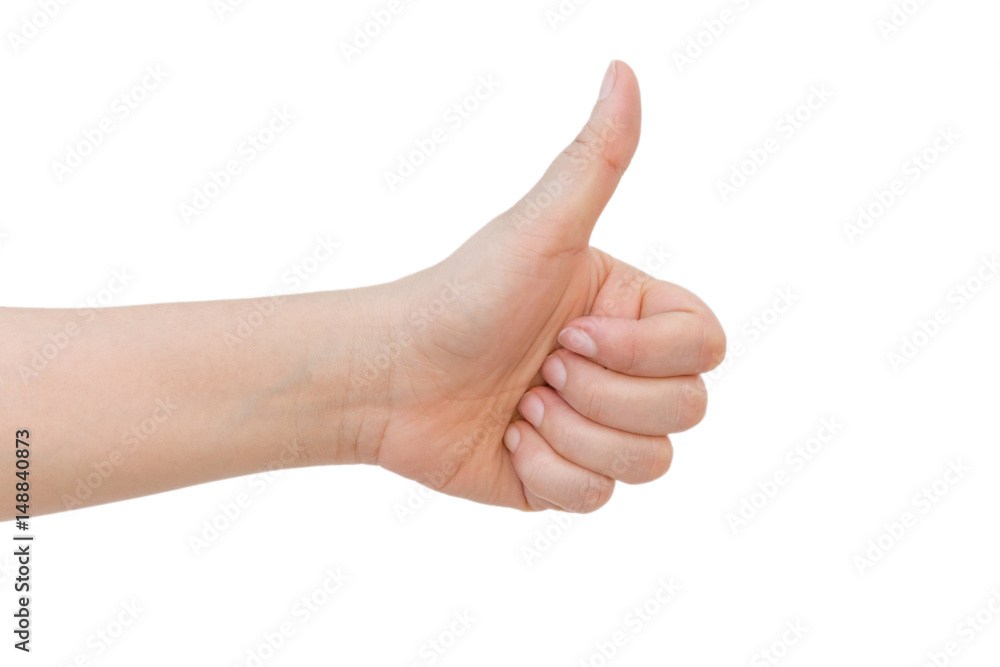 Woman hand with thumb up isolated on white background