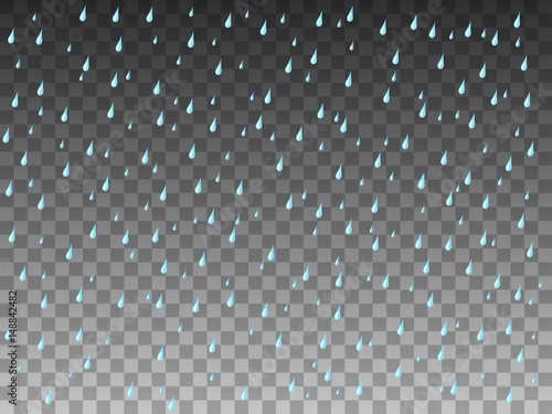 Vector illustration of a falling cartoon rain. Isolated transparent background. Falling drops.