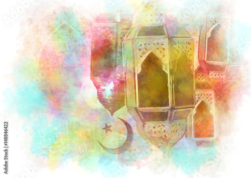Ramadan Kareem Eid Mubarak greetings islamic muslim holiday background with colorful eid lamps or lanterns
