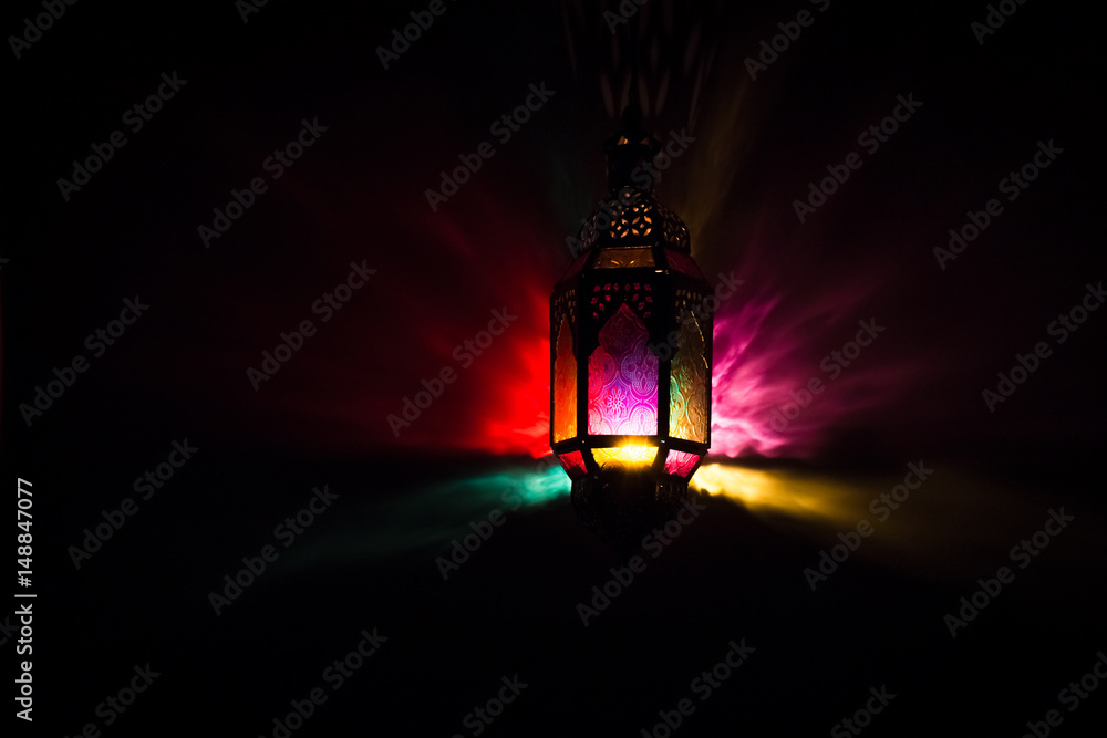 Ramadan Kareem Eid Mubarak greetings islamic muslim holiday background with colorful eid lamps or lanterns
