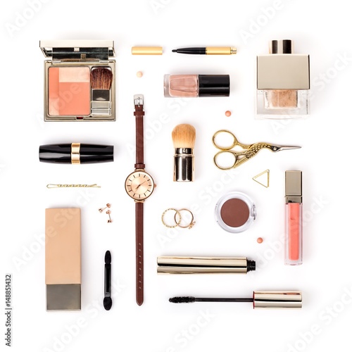 set of professional decorative cosmetics, makeup tools and accessory isolated on white background. beauty, fashion and shopping concept. flat lay composition, top view