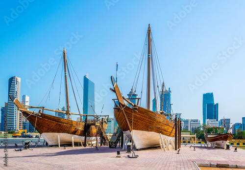 View of a dhow ship in front of the naval museum in Kuwait. photo