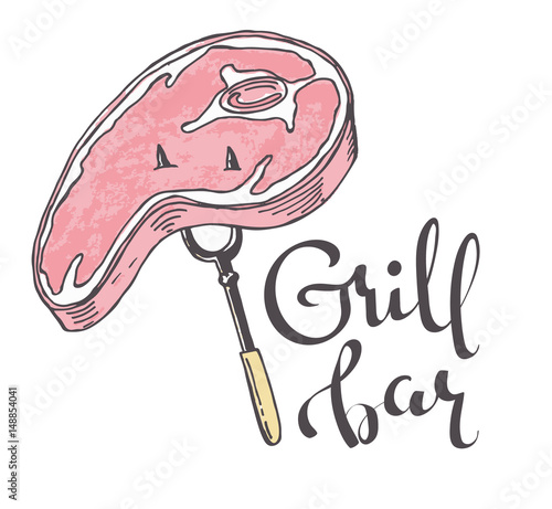 Grill Bar, pastel colors hand drawn cartoon logo with the fresh meat steak on the two-tooth fork and handwritten words