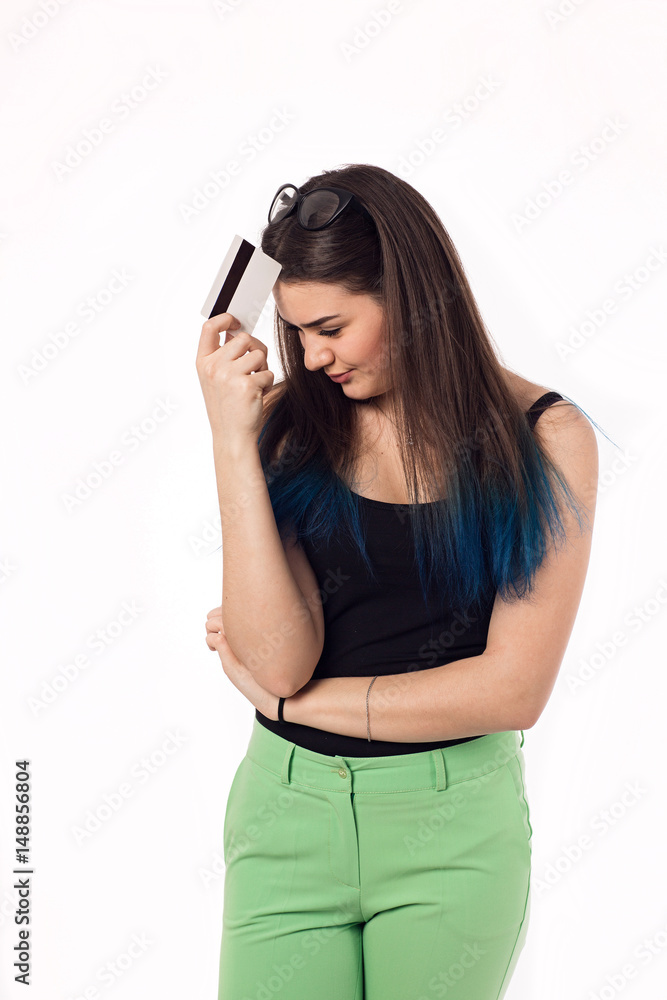 a young business woman holding new credit card a young business woman holding new credit card
