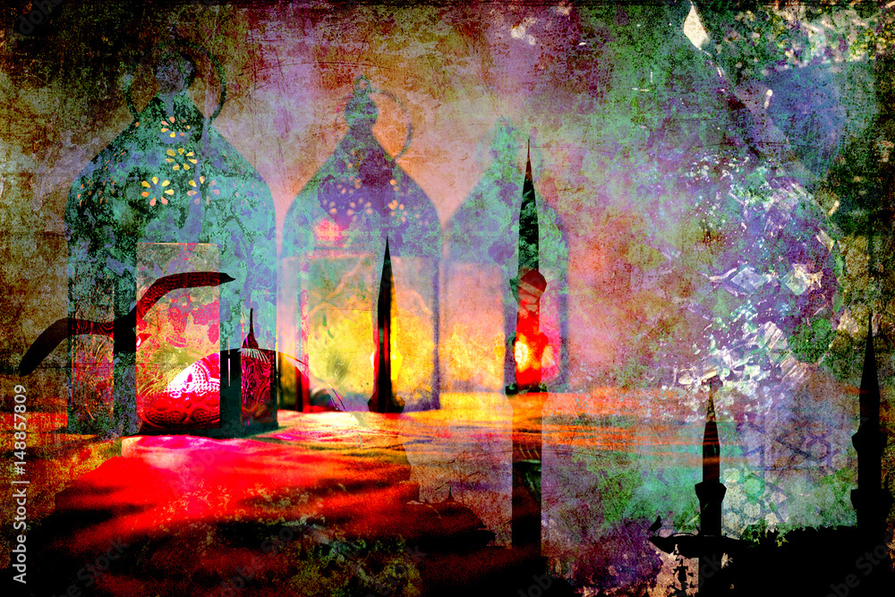 Islamic muslim holiday Ramadan Eid background with eid lanterns or lamps and arabic oriental windows and mosque silhouette