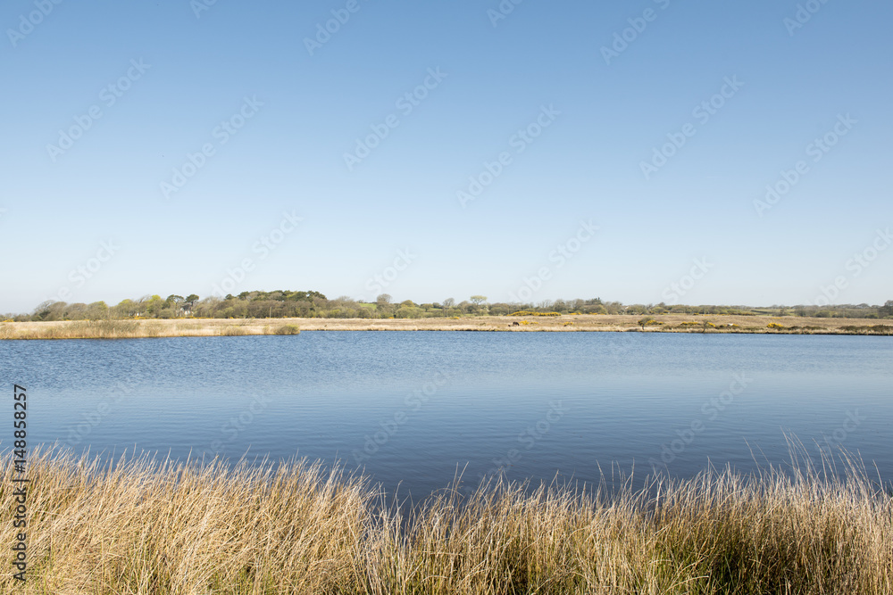 Landscape image of a tranquil blue lake 