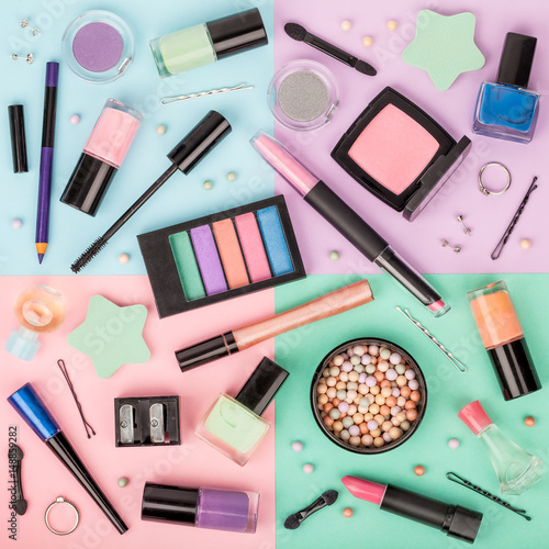 set of professional decorative cosmetics, makeup tools and accessory on multicolored background. beauty, fashion and shopping concept. flat lay composition, top view