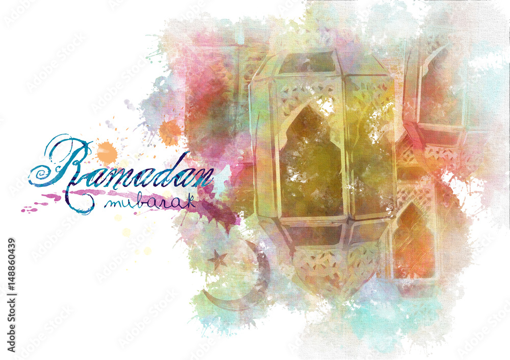 Fototapeta premium Ramadan Kareem Eid Mubarak greeting - Islamic muslim holiday Ramadan Eid background with eid lanterns or lamps