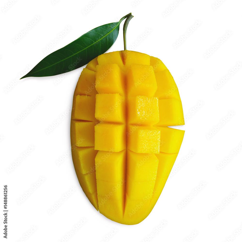 ripe yellow mango fruit with green leaf on isolated white background.