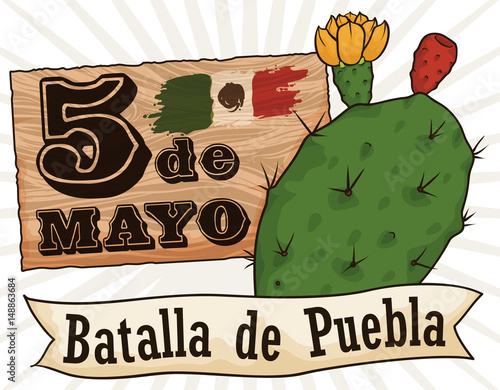 Sign with Reminder Date and Nopal for Cinco de Mayo, Vector Illustration