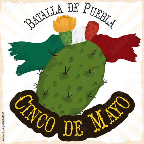 Bloomed Nopal, Tuna and Mexican Flag for Cinco de Mayo, Vector Illustration