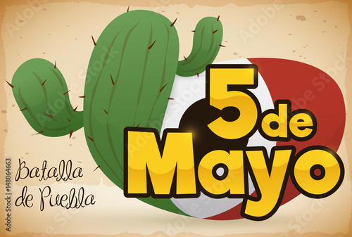 Cactus and Sign with Mexican Colors for Cinco de Mayo, Vector Illustration