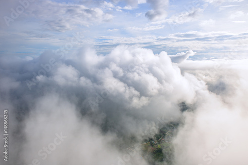 Aerial View of Village landscape and River over Clouds in Chiangdao Thailand 